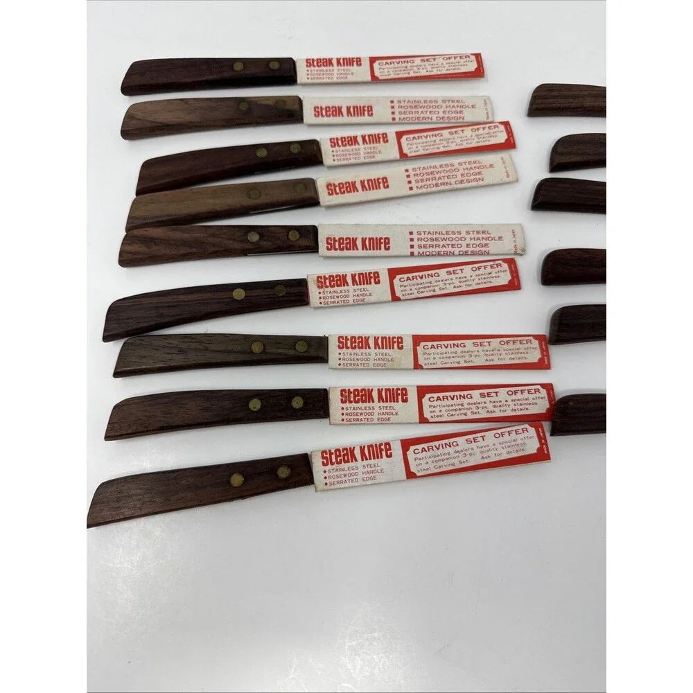 Vintage Quikut 15pc Wood Brown Handle Serrated Blade Steak Knife Set LOT OF 15